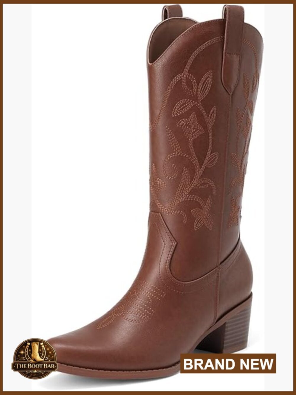 Mid Calf Western Boots with Embroidery Stitching Chunky Heel Square Toe